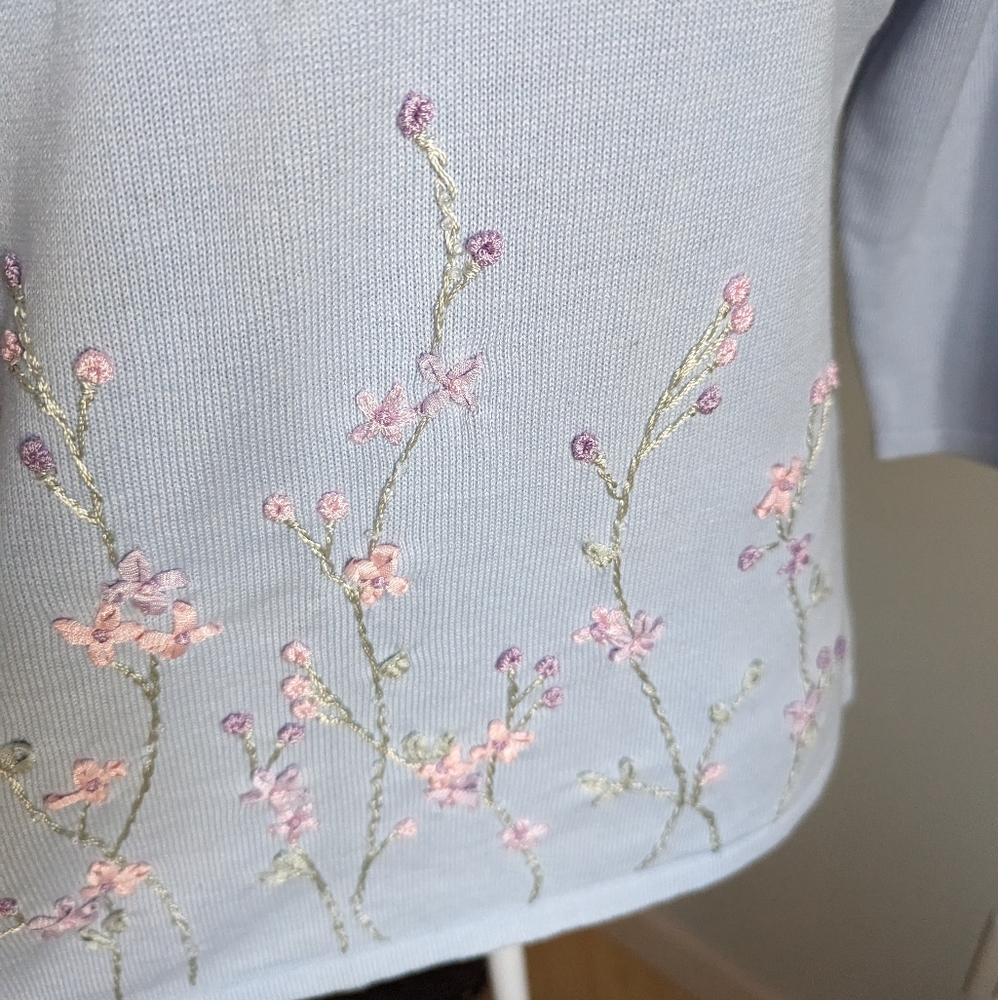 90s Carolyn Taylor Wmns Medium Floral Embroidery Bead Neck Knit Top Cottage 149 - Picture 5 of 13